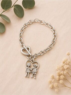 Silver Heart Couple Charm Bracelet